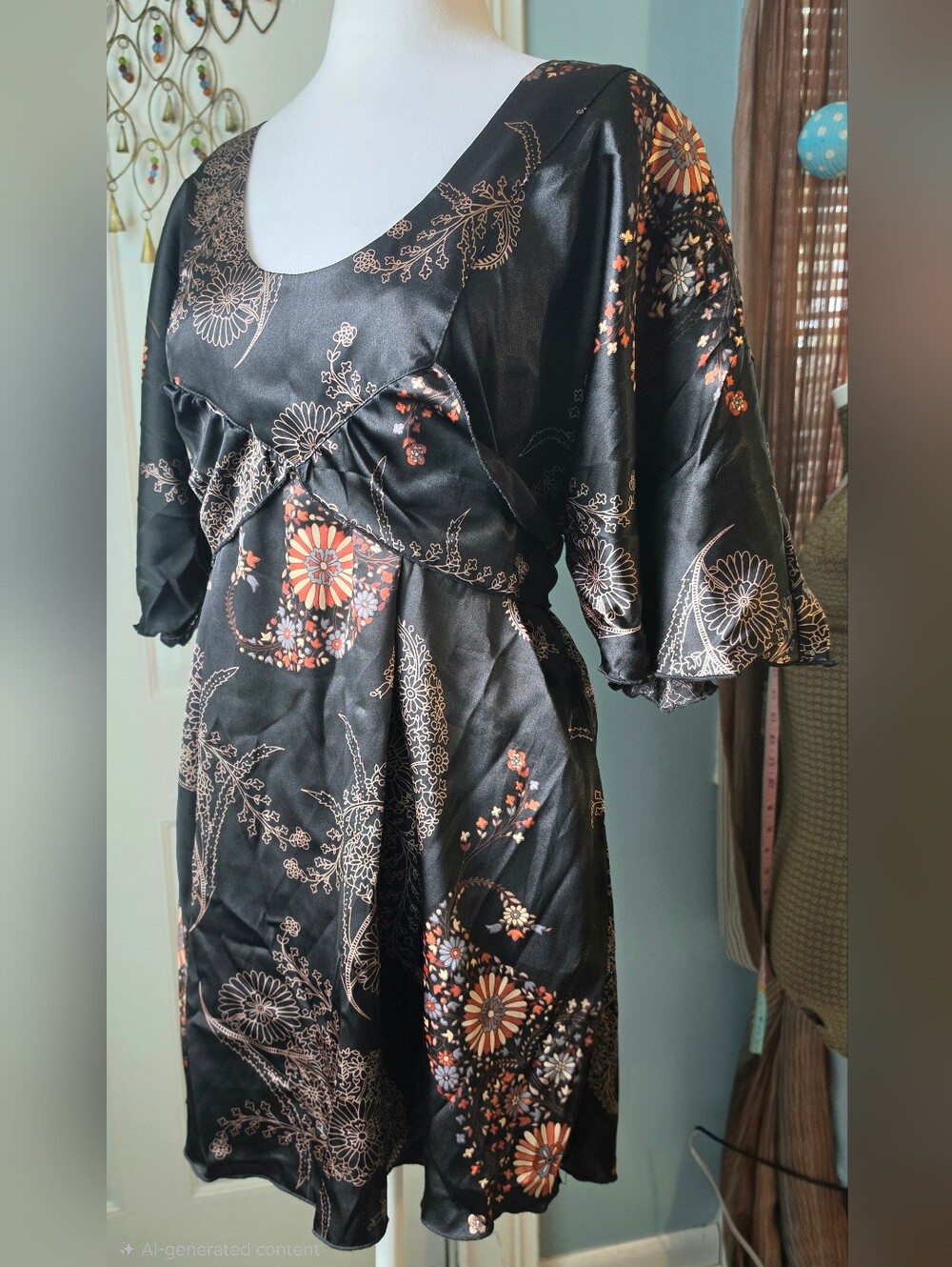 Y2K Vintage GLAM South Beach Satin Kimono Tunic Womens XL Black Dark Boho Floral - Picture 2 of 12